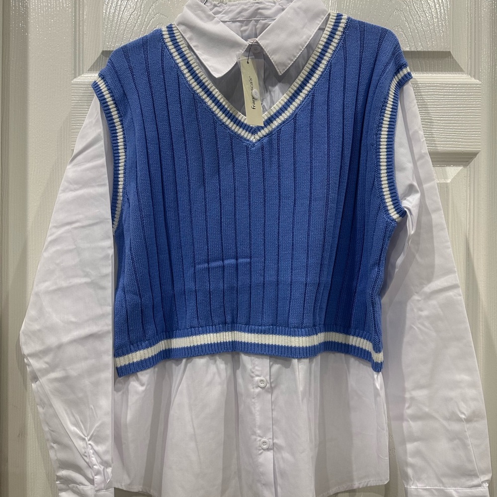 Audrey Parks by Francesca's Collections Blue and White Button Down Shirt